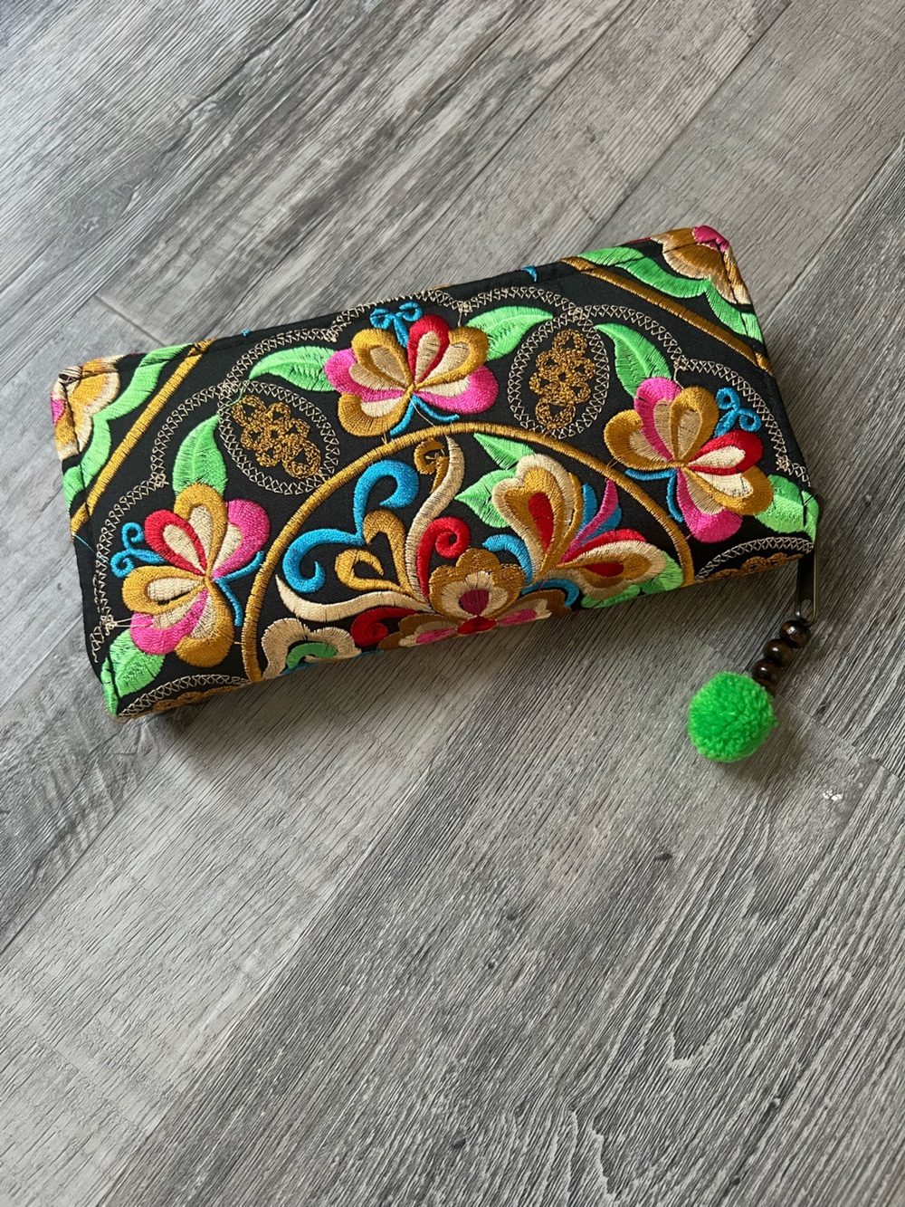 Hand Embroidered Floral Zip Wallet from Thailand- Black with Multicolor Floral